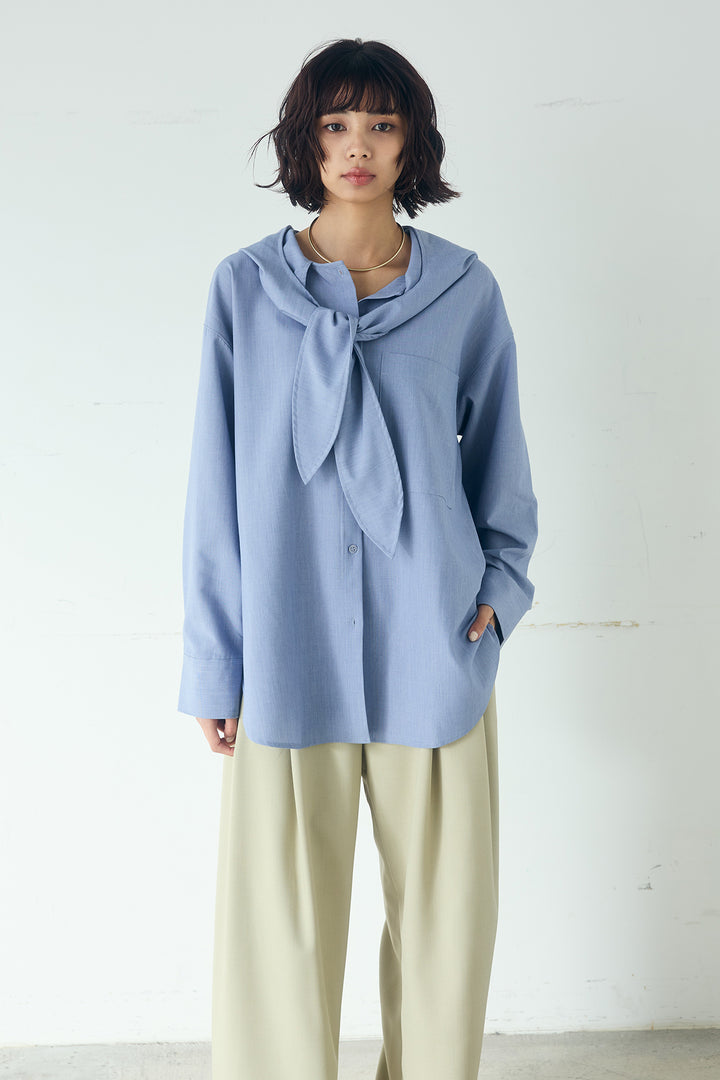 [SET]無地タイ付フーディーBIGシャツ+ランダムタックデザインワイドパンツ(2set)