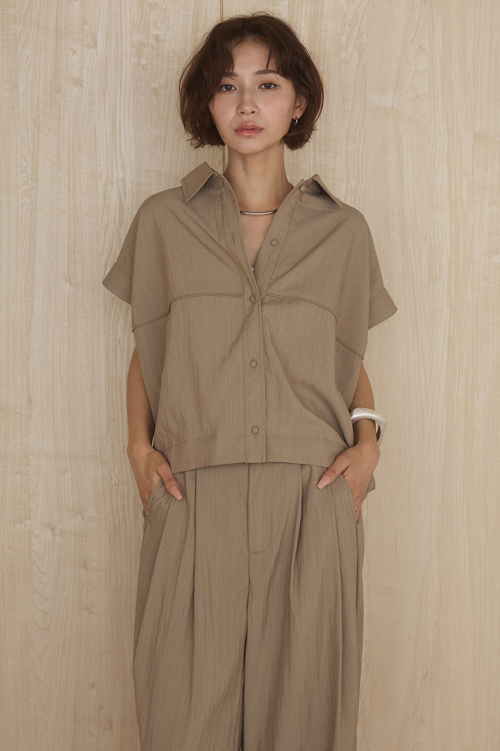 [SET]リネンライクランタンノースリシャツ+リネンライク2タックワイドパンツ(2set)