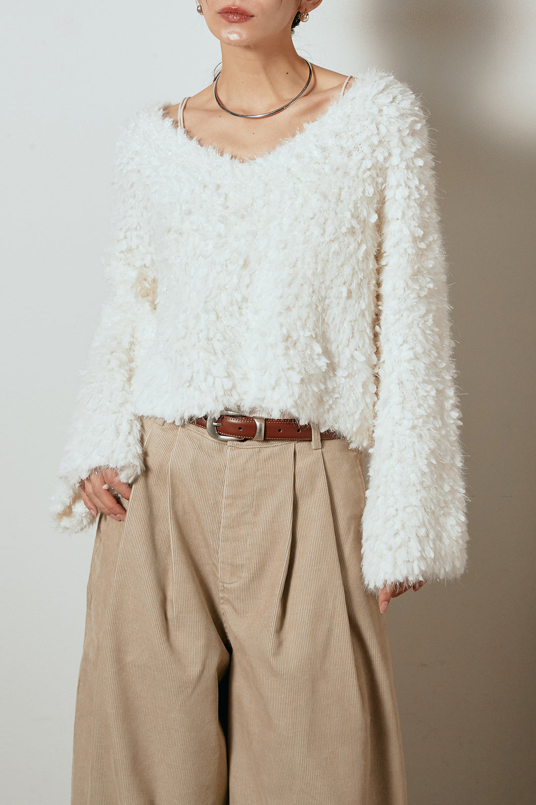 [SET]深Vネックチョウチョヤーンニットトップス+ガンクラブチェックタックパンツ(2set)