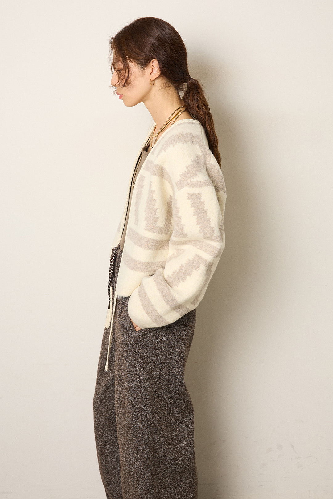 [SET]幾何学柄ノーカラーカーディガン+杢ニットフレアパンツ(2set)