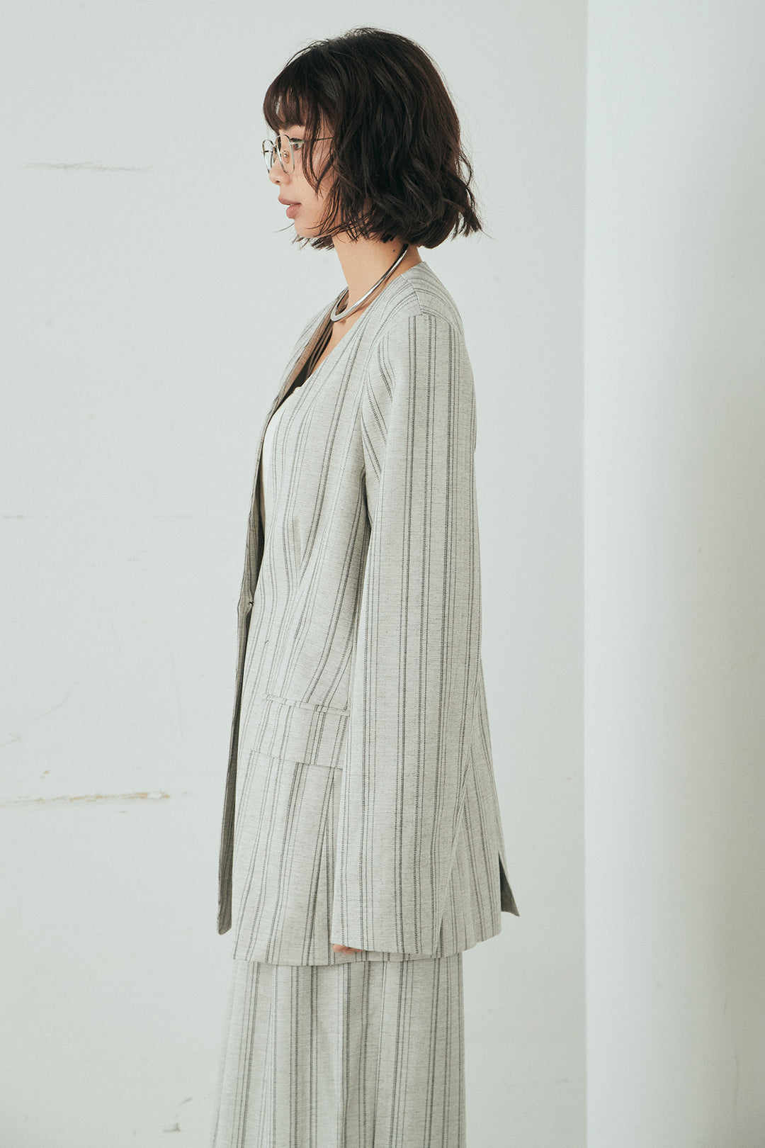 [SET]ノーカラーピンストライプジャケット+ピンストライプワイドスラックス(2set)