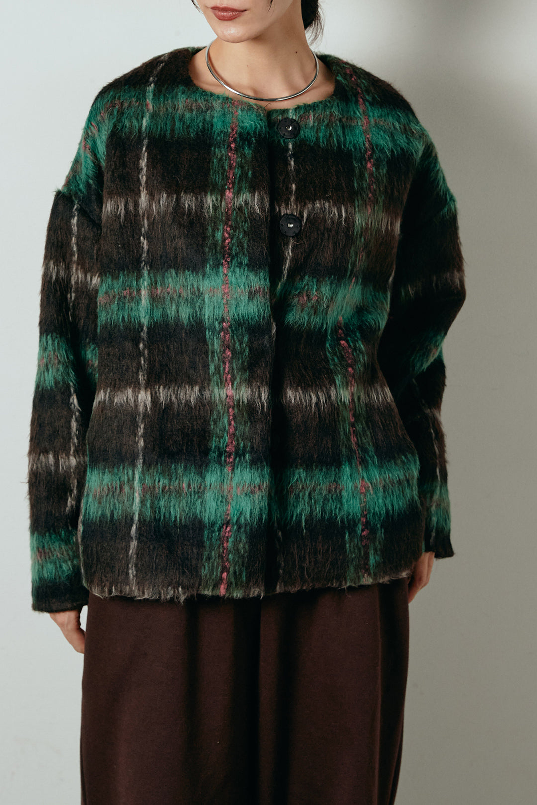 [SET]ノーカラーシャギーチェックアウター+裏起毛スウェットワイドパンツ(2set)