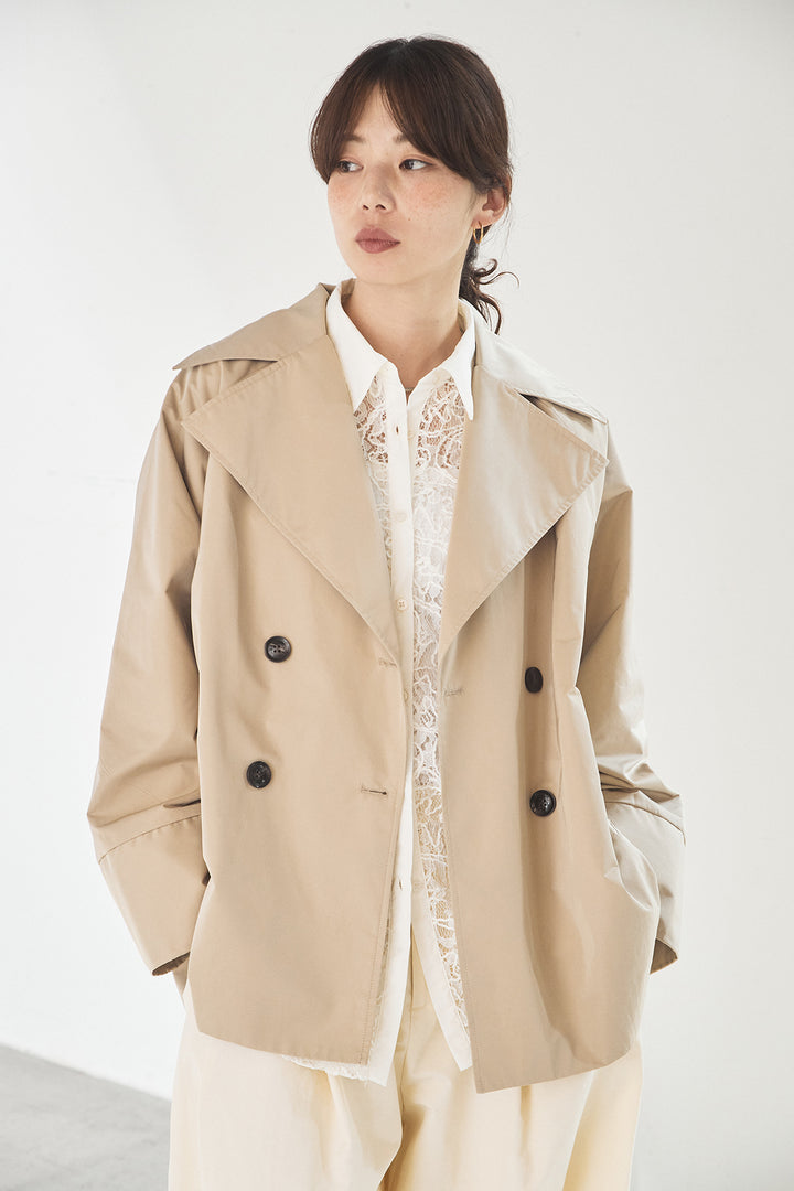 [SET]ナイロントレンチコート+合繊ツイルパイピングタックカーブパンツ+刺繍レースオーバーサイズシャツ(3set)