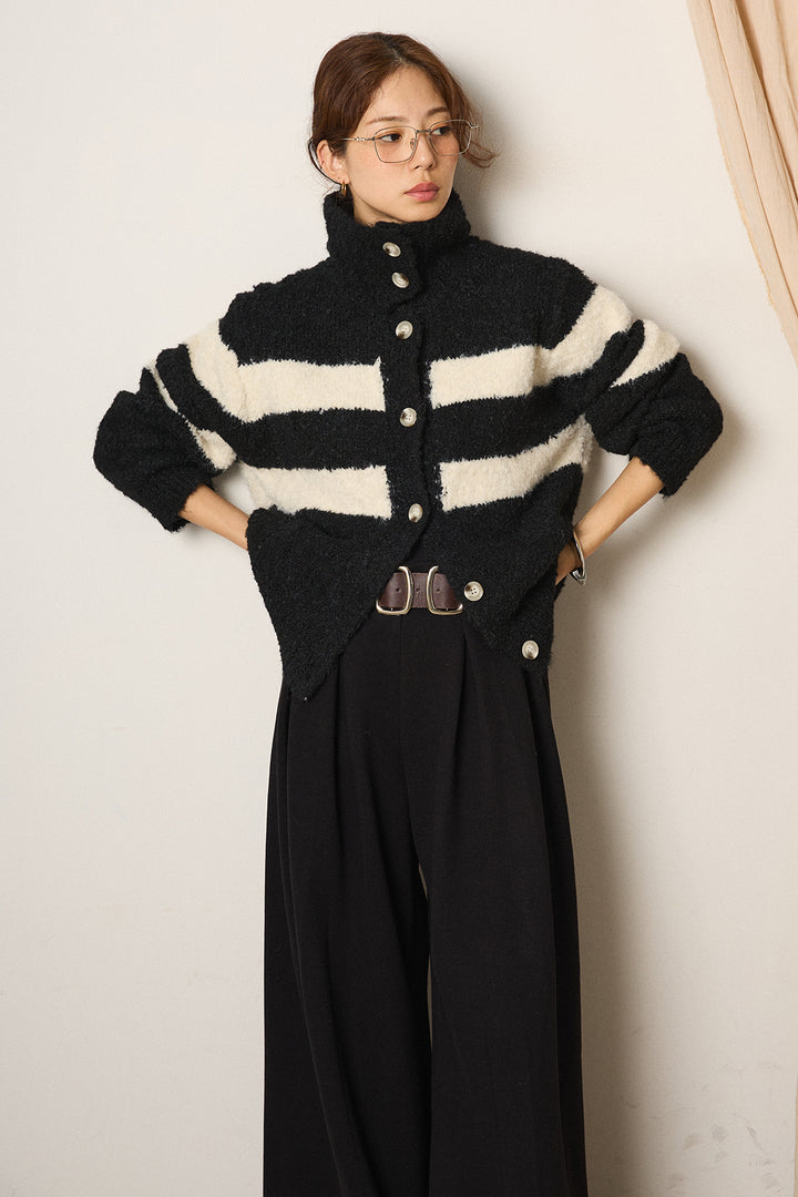 [SET]ハイネックボーダーニットカーディガン+杢ニットフレアパンツ(2set)