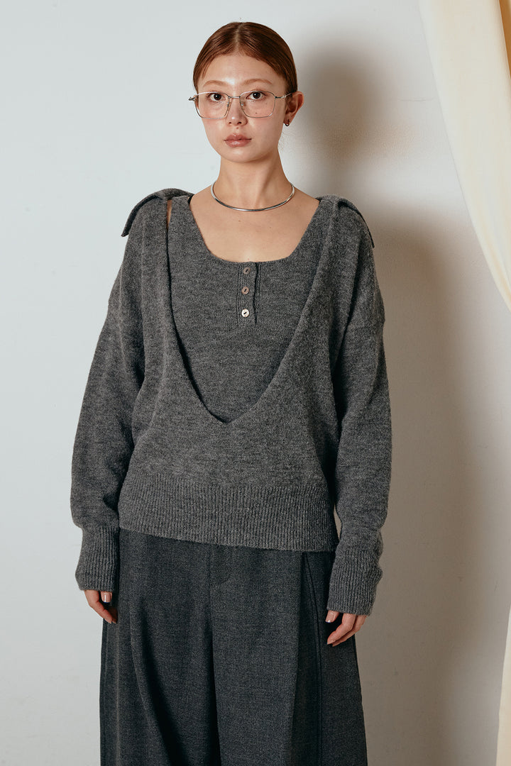 襟付きレイヤードニットトップス