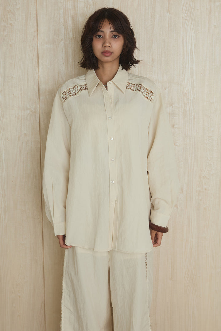 【即納】麻混ショルダーライン柄シャツ