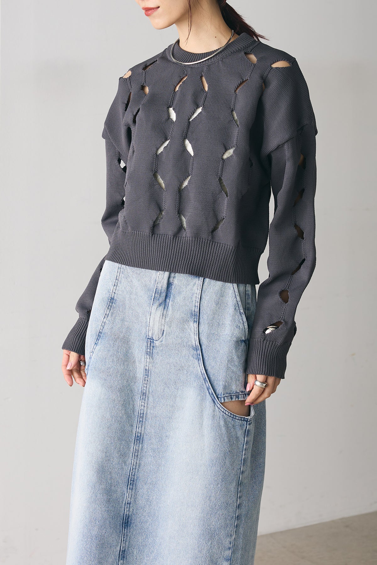 ふるたに SET]穴開きニットプルオーバー+ジャガードワイドパンツ(2set