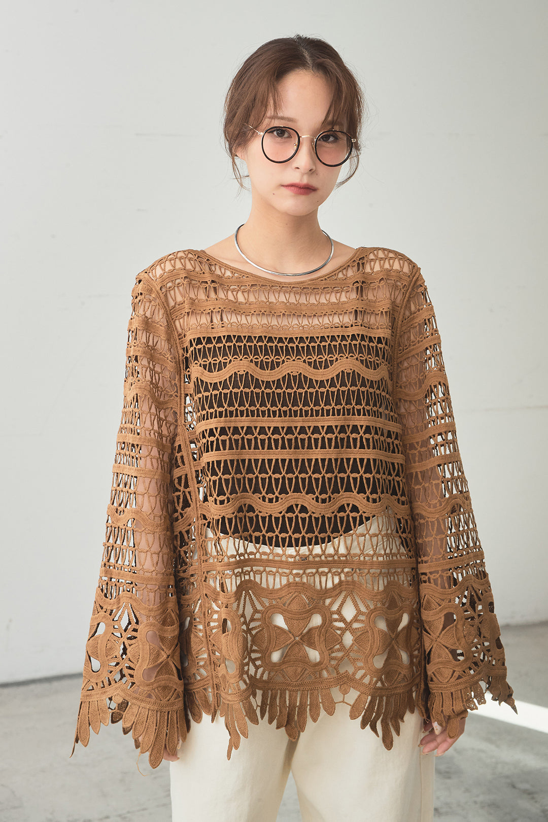 [SET]裾デザインメッシュプルオーバー+ベルト付きツータックワイドパンツ(2set)