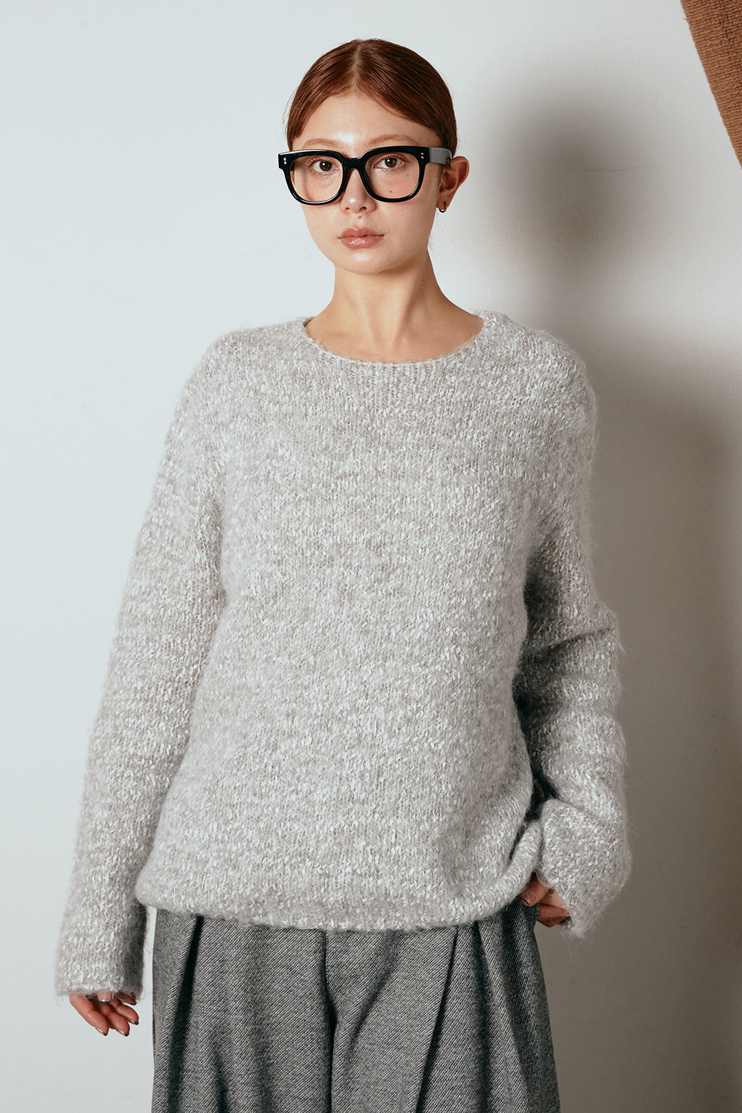 [SET]スカーフ付きミックスニットトップス+細ベルト付き起毛タックワイドパンツ(2set)