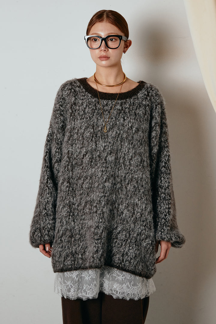 [SET]ボリュームスリーブミックスニットトップス+裏起毛スウェットワイドパンツ+レース切り替えキャミソール(3set)