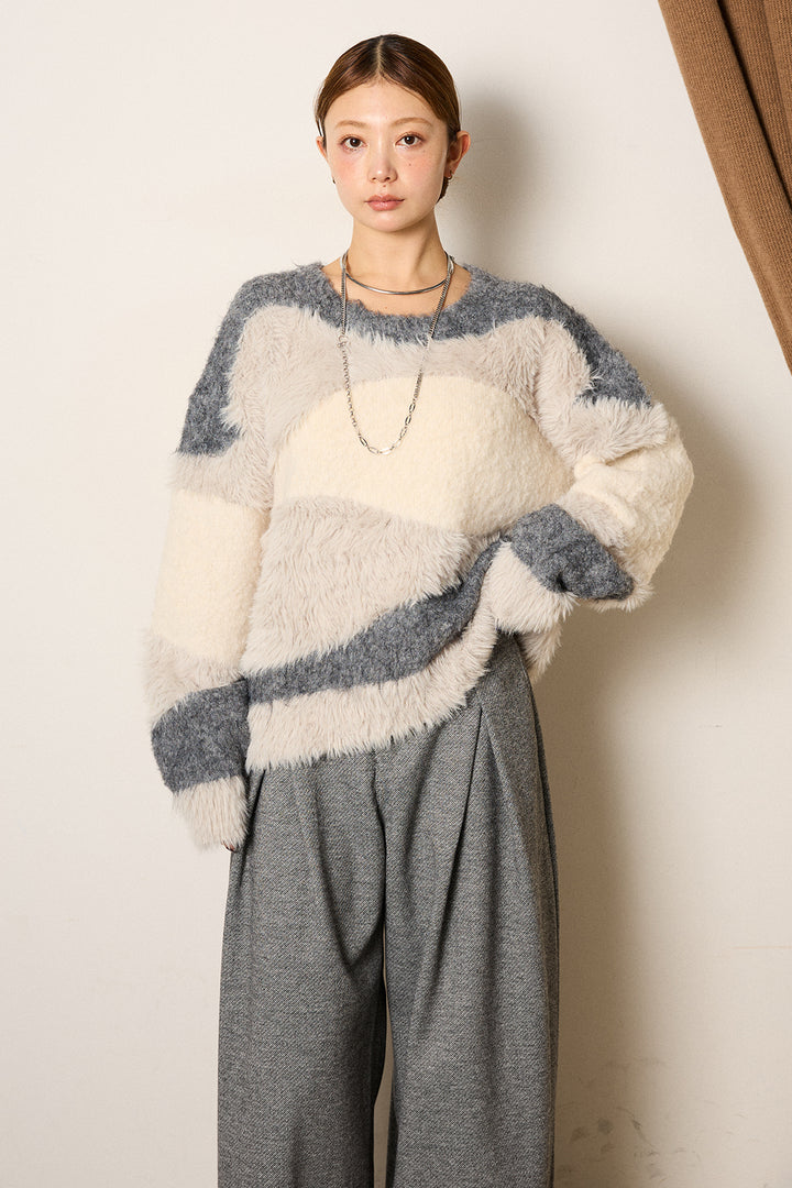 [SET]シャギーウェーブ柄クルーネックニットトップス+細ベルト付き起毛タックワイドパンツ(2set)