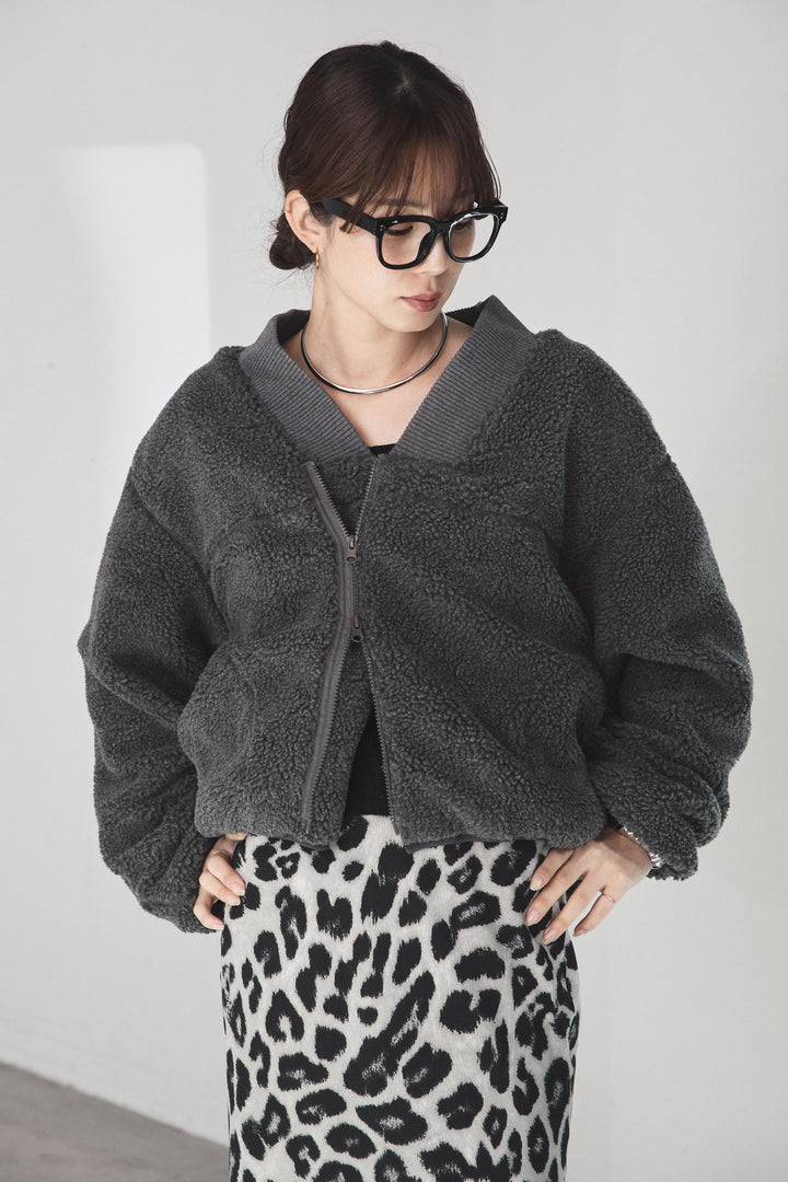 [SET]ノーカラーリブボアアウター+チュールレイヤードニットパンツ(2set)