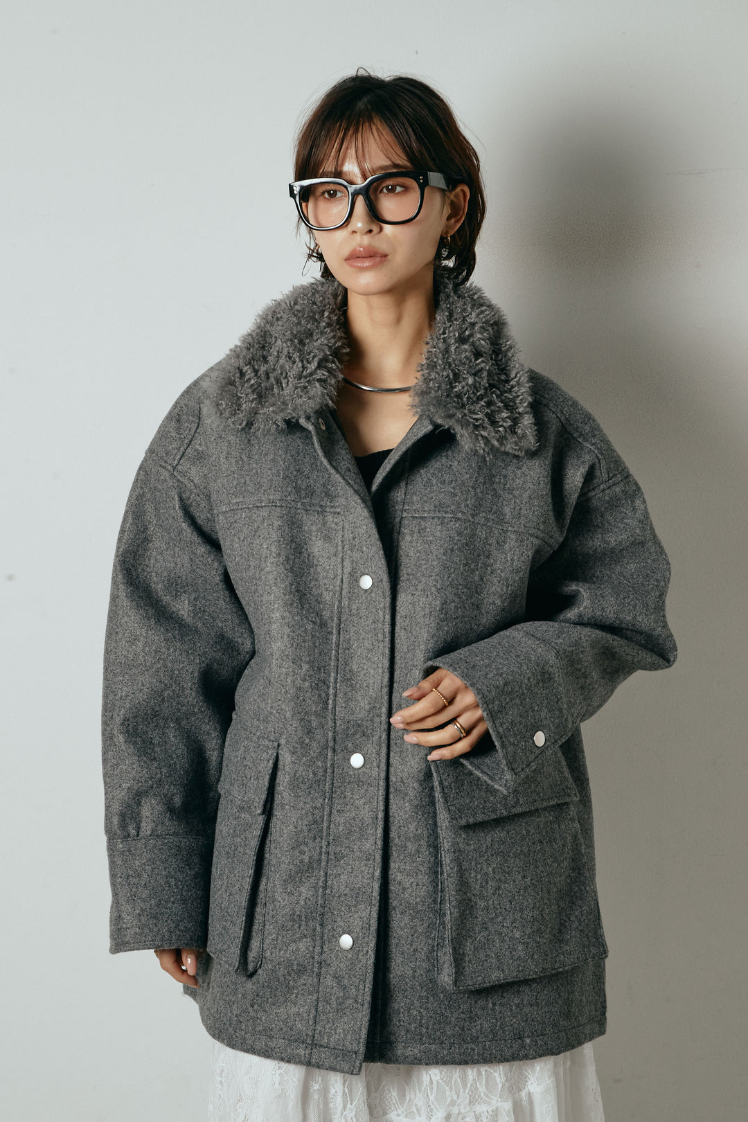 エコウール衿ファー薄中綿入りミドルカバーオール