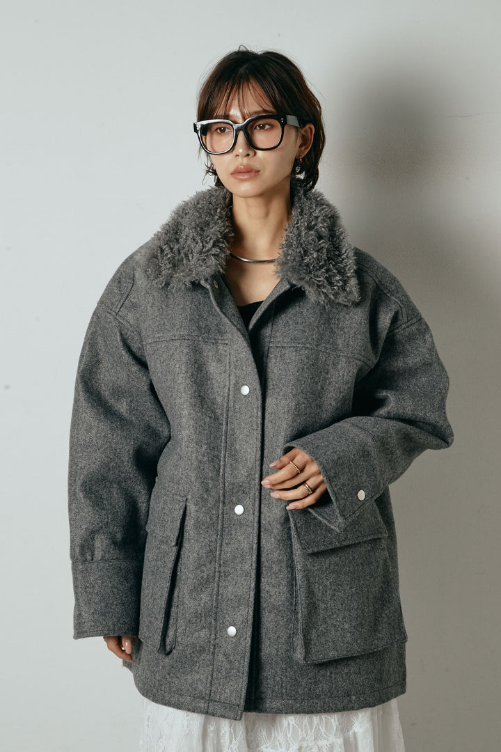 エコウール衿ファー薄中綿入りミドルカバーオール