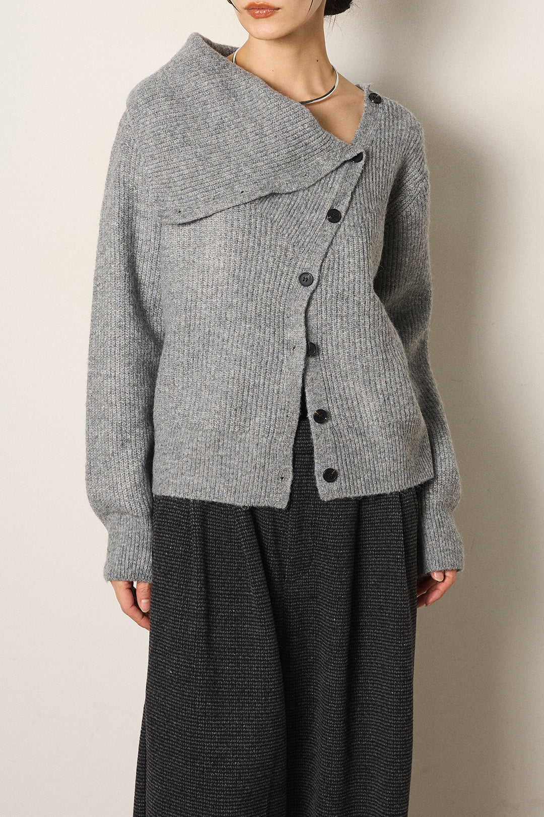 [SET]ボタンデザインネックニットプルオーバー+起毛タック入りツイードワイドパンツ(2set)