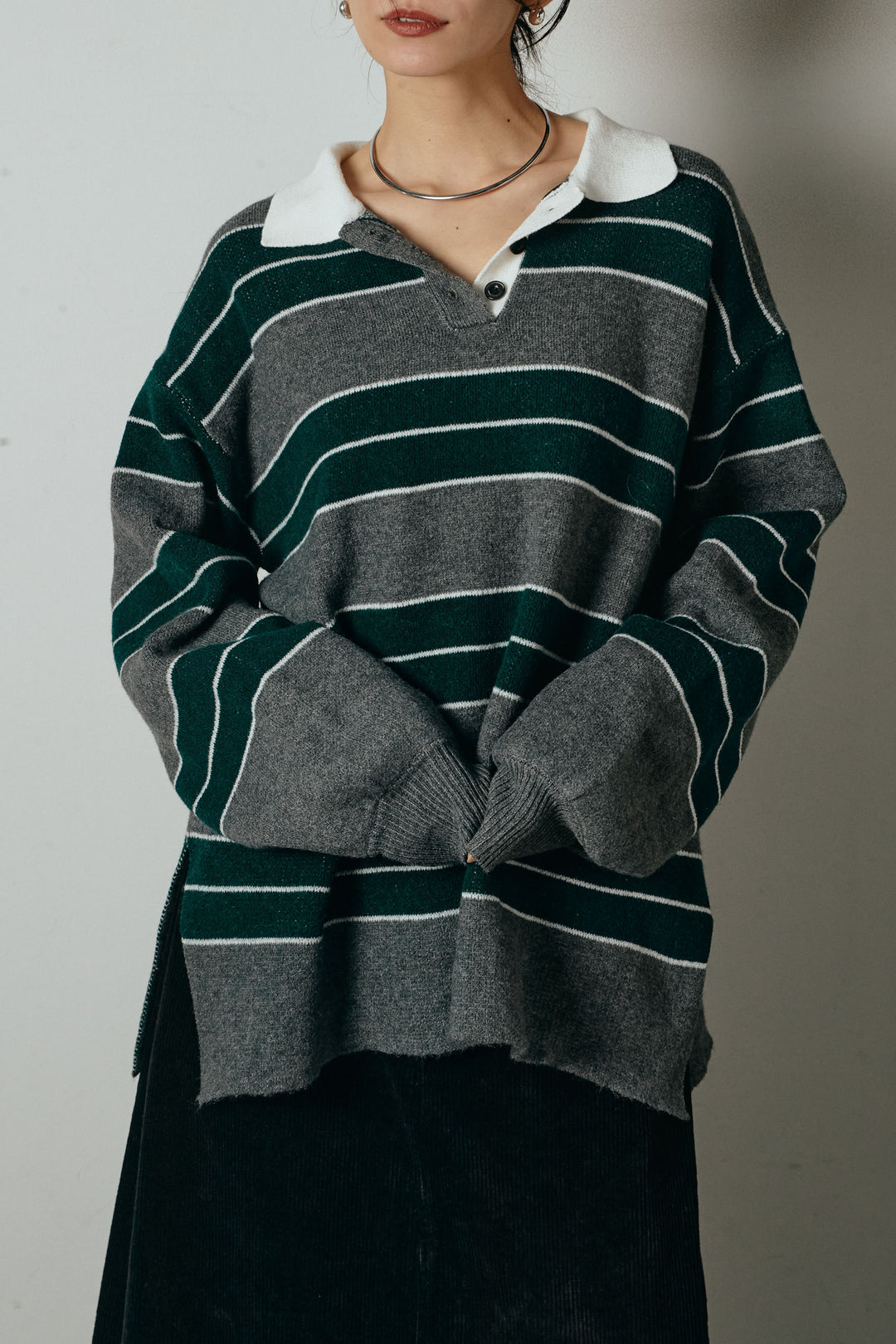 [SET]ラガーニットボーダーポロプルオーバー+ひげレース切替ロング丈スカート(2set)