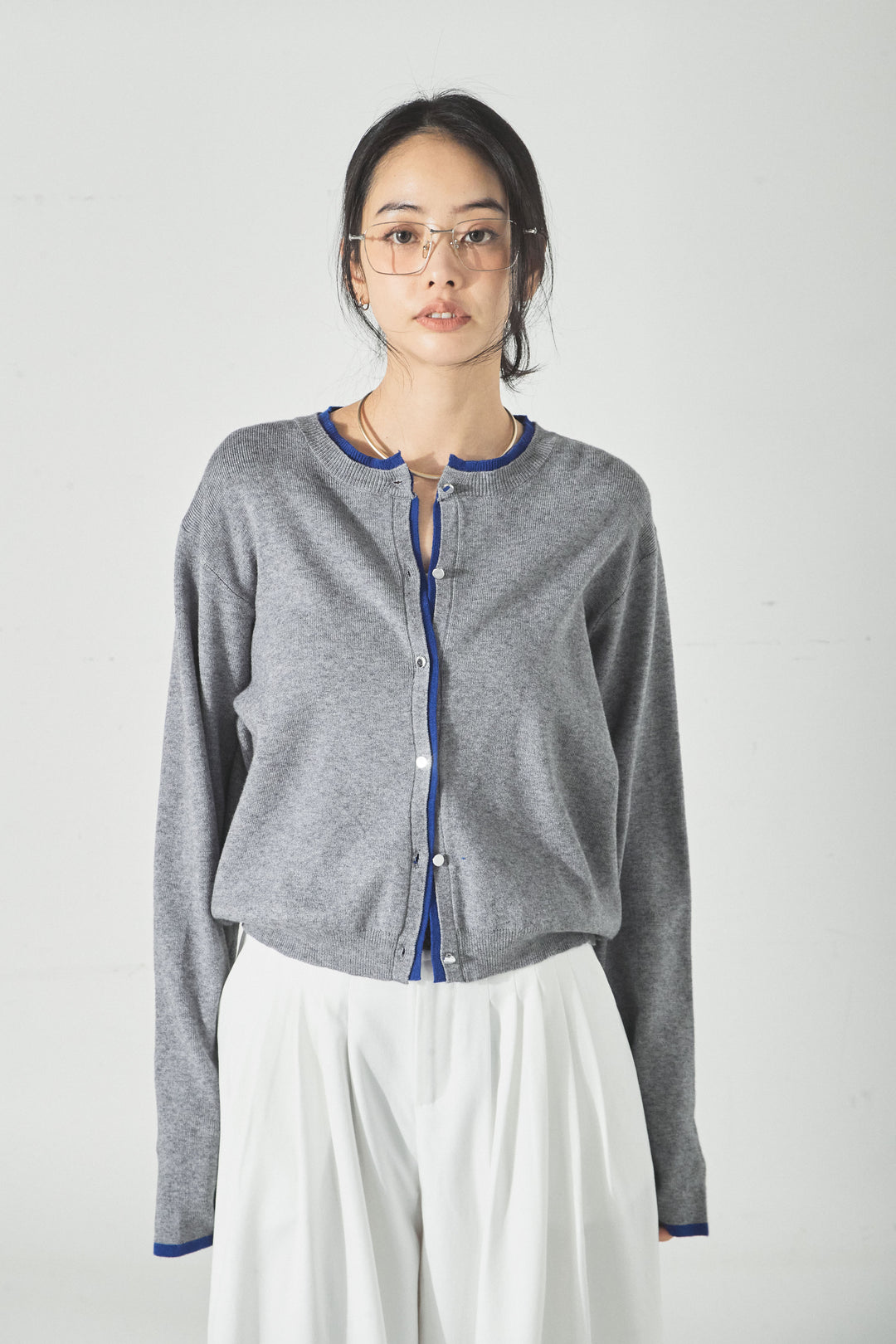 レイヤード風配色ニットカーディガン/グレー