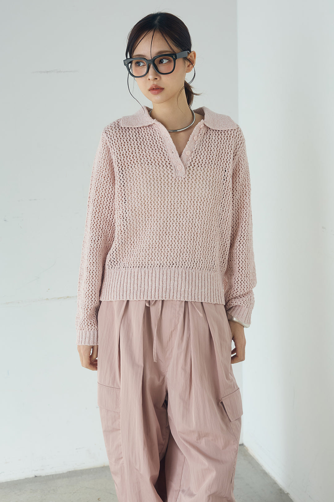 [SET]ミックスメッシュポロニット+麻混タックワイドパンツ(2set)