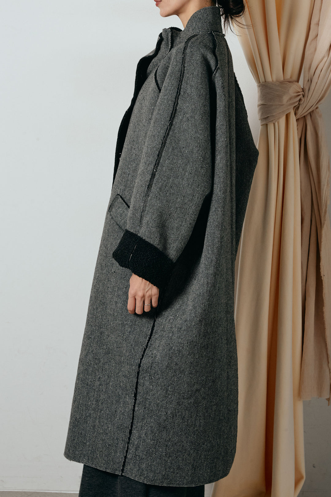 [SET]裏地ボアハイネックロングアウター+フェイクレザー太ベルト付きタックワイドパンツ(2set)