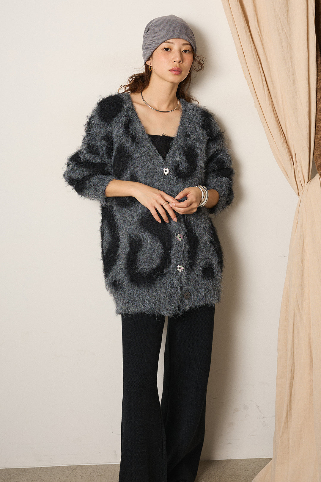 [SET]レオパードシャギータッチカーディガン+レースサテンキャミソール(2set)