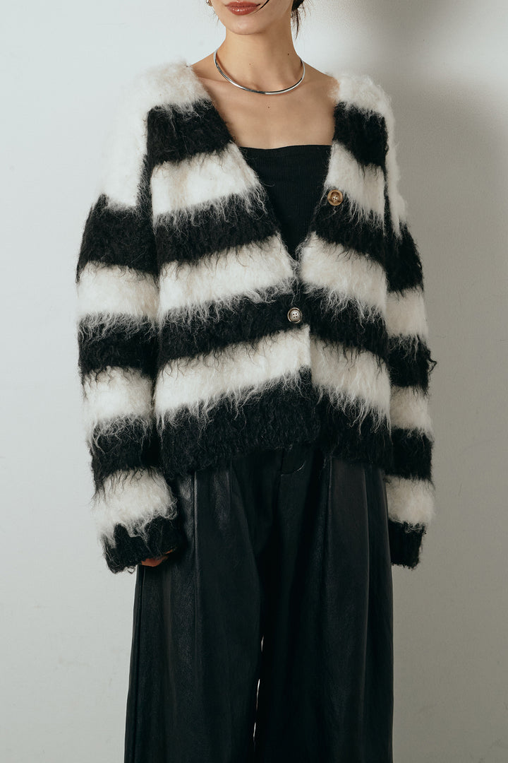 [SET]シャギーボーダー柄ニットカーディガン+ウール混フランネルワイドサロペット(2set)