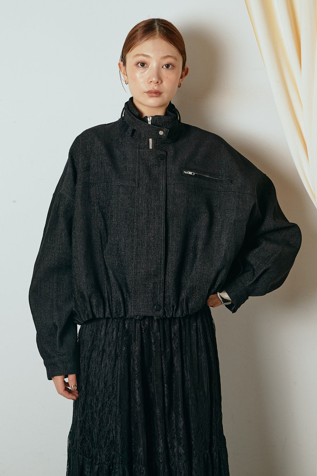 [SET]デニム調ハイネックブルゾン+ひげレース切替ロング丈スカート(2set)