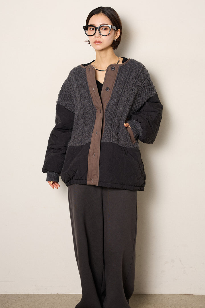 [SET]アラン編みニットノーカラー裾キルティングブルゾン+裏起毛スウェットワイドパンツ(2set)