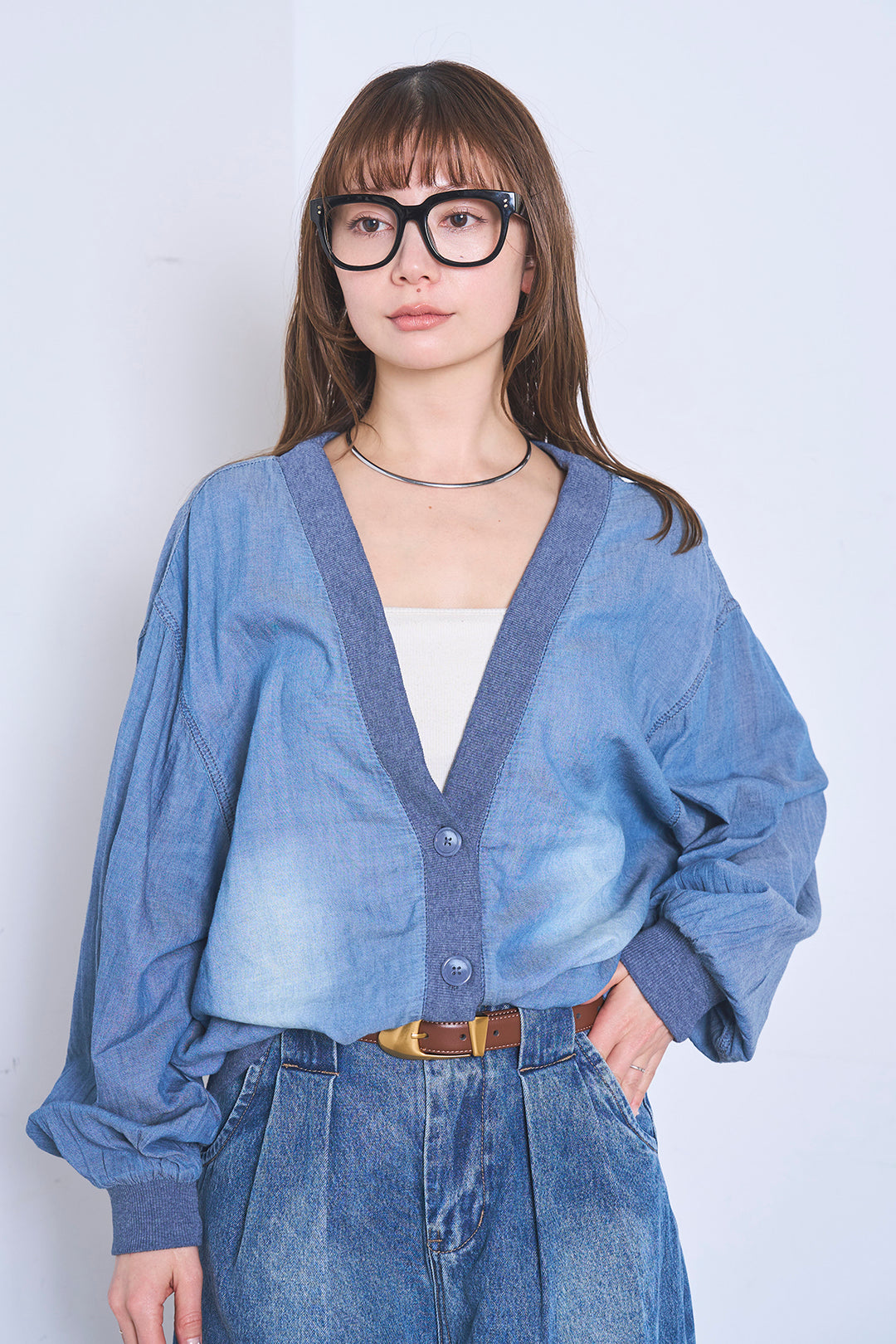 [SET]シアーデニムカーディガン+ベルトループワイドタックデニムパンツ(2set)