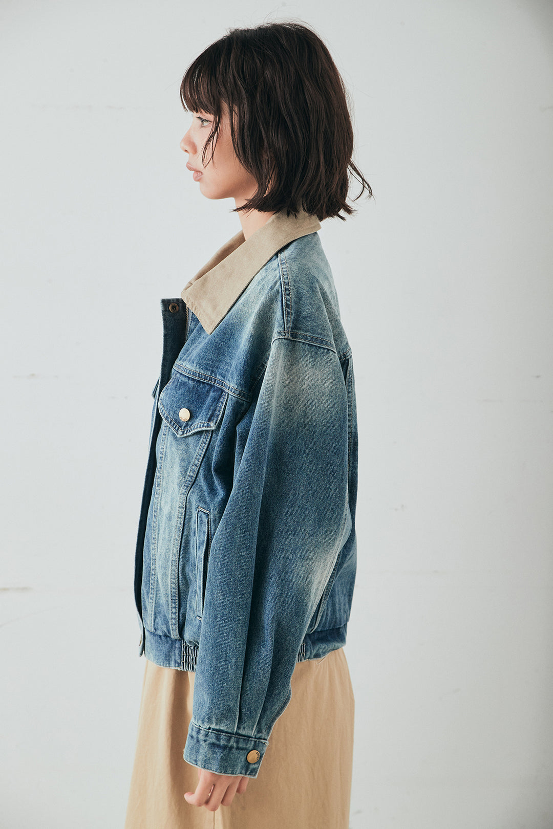 [SET]襟切り替えジップデニムジャケット+綿ツイルアシメサロペット(2set)