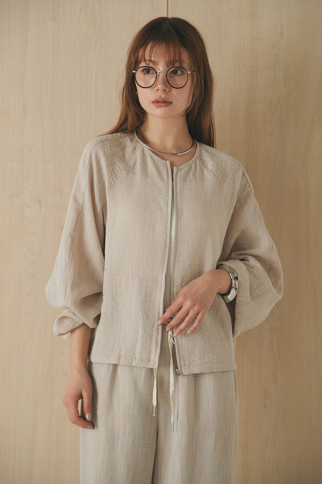 [SET]麻混ノーカラーブルゾン+麻混ウエストドロストパンツ(2set)