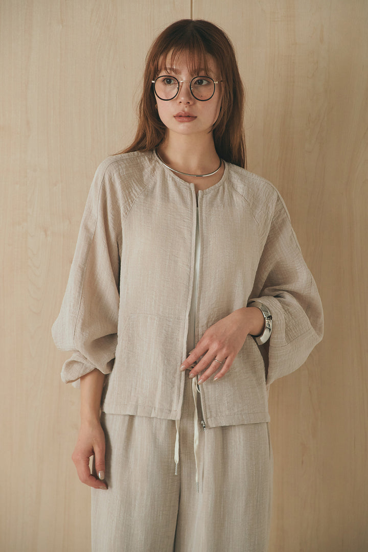 [SET]麻混ノーカラーブルゾン+麻混ウエストドロストパンツ(2set)