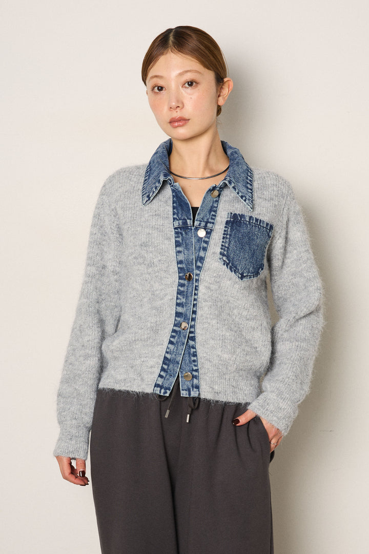 [SET]襟付きデニム切替ニットカーディガン+デニムロングフレアスカート(2set)
