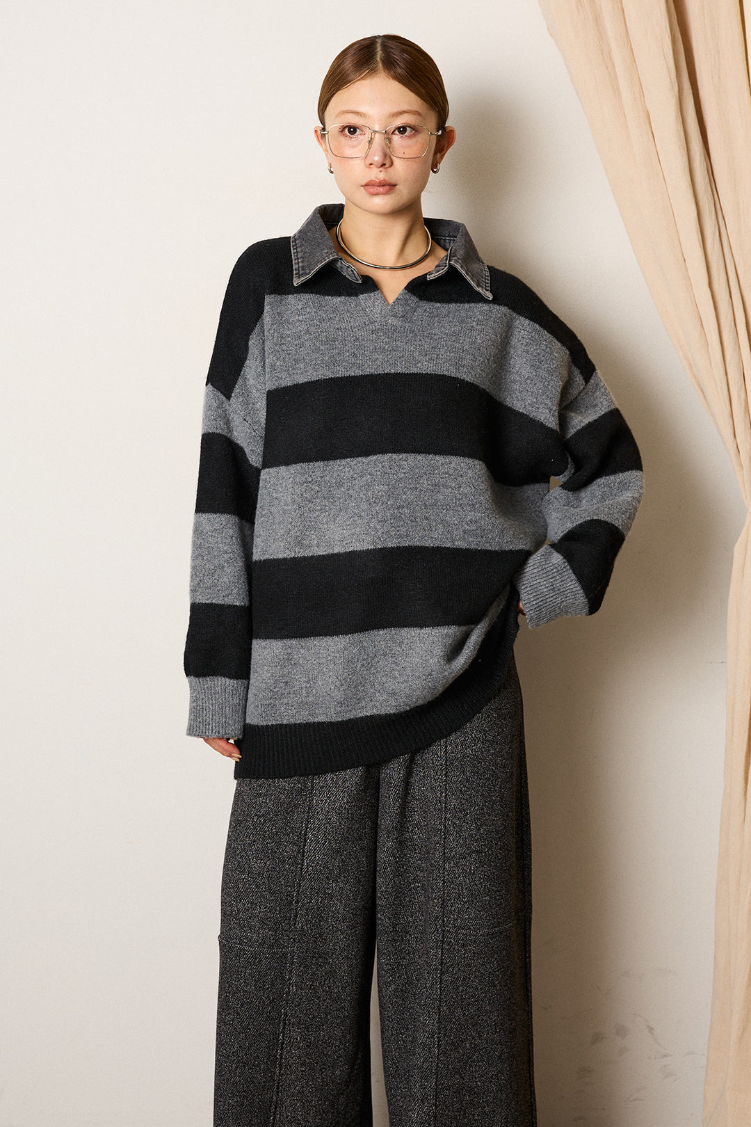 [SET]デニムカラーボーダールーズニット+編み地切り替えフレアニットスカート(2set)