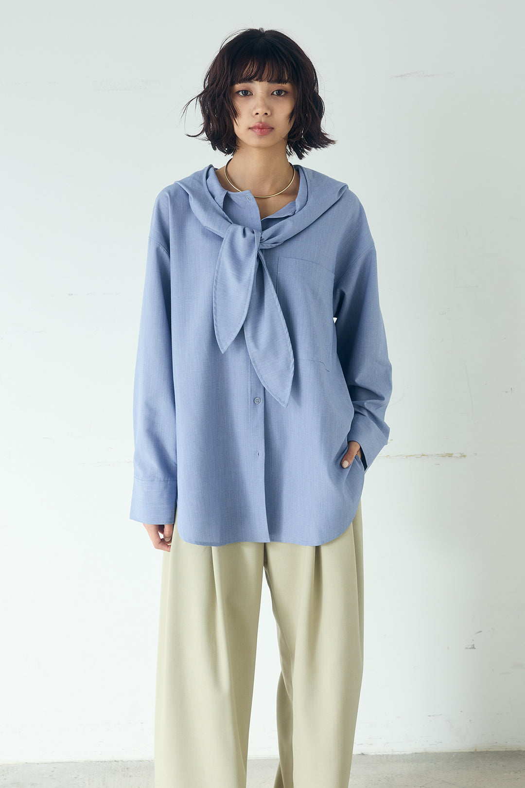 [SET]無地タイ付フーディーBIGシャツ+サイドベルトタック入りスラックス(2set)