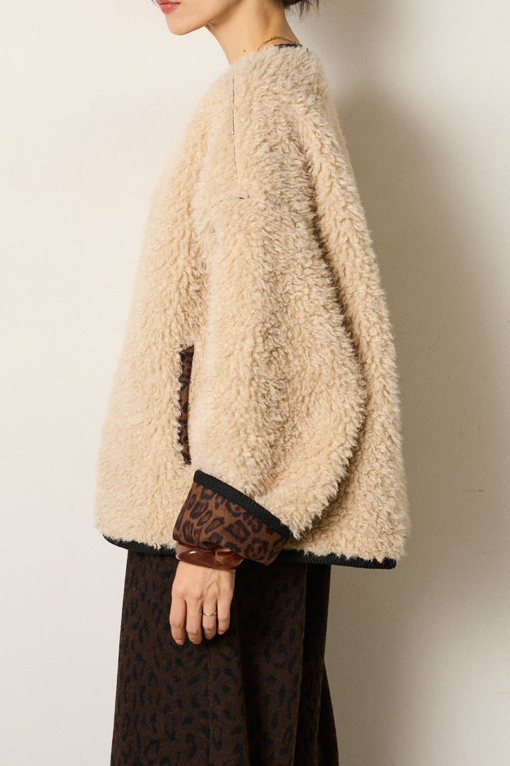 [SET]ノーカラー裏地レオパードボアアウター+花柄刺繍ベロアフレアスカート(2set)