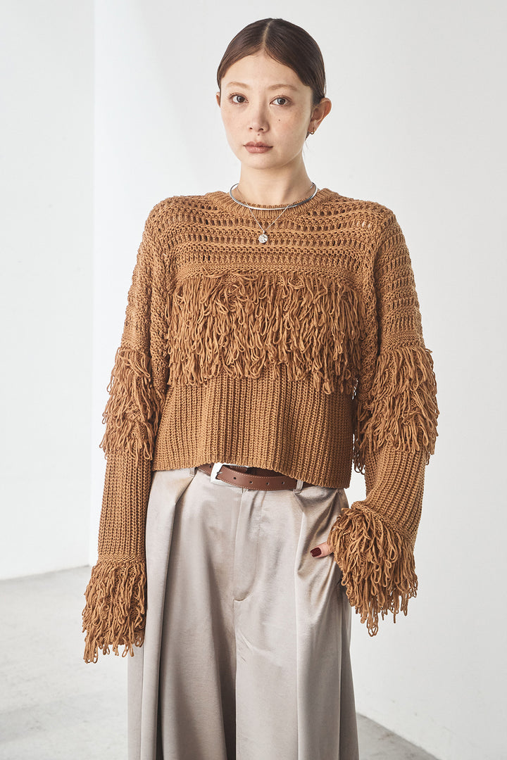 [SET]メッシュフリンジ切り替えプルオーバー+合繊ツイルスタンドウエスト巻きジョガーパンツ(2set)