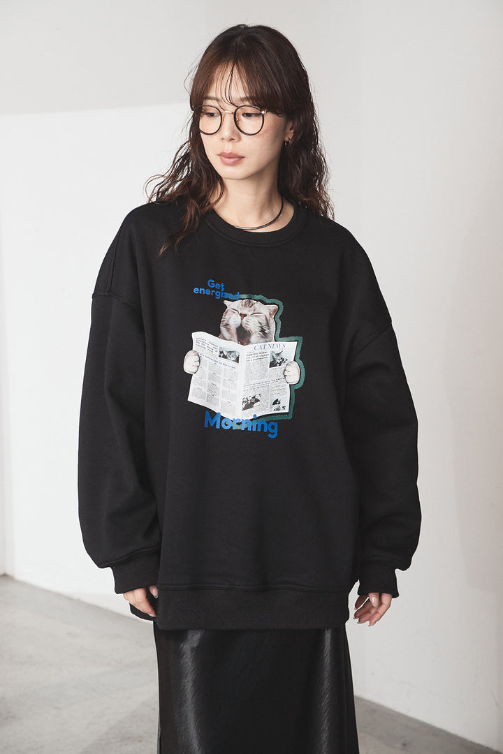 [SET]裏起毛モーニングキャットプリントスウェット+裾レースデザインサテンスカート(2set)