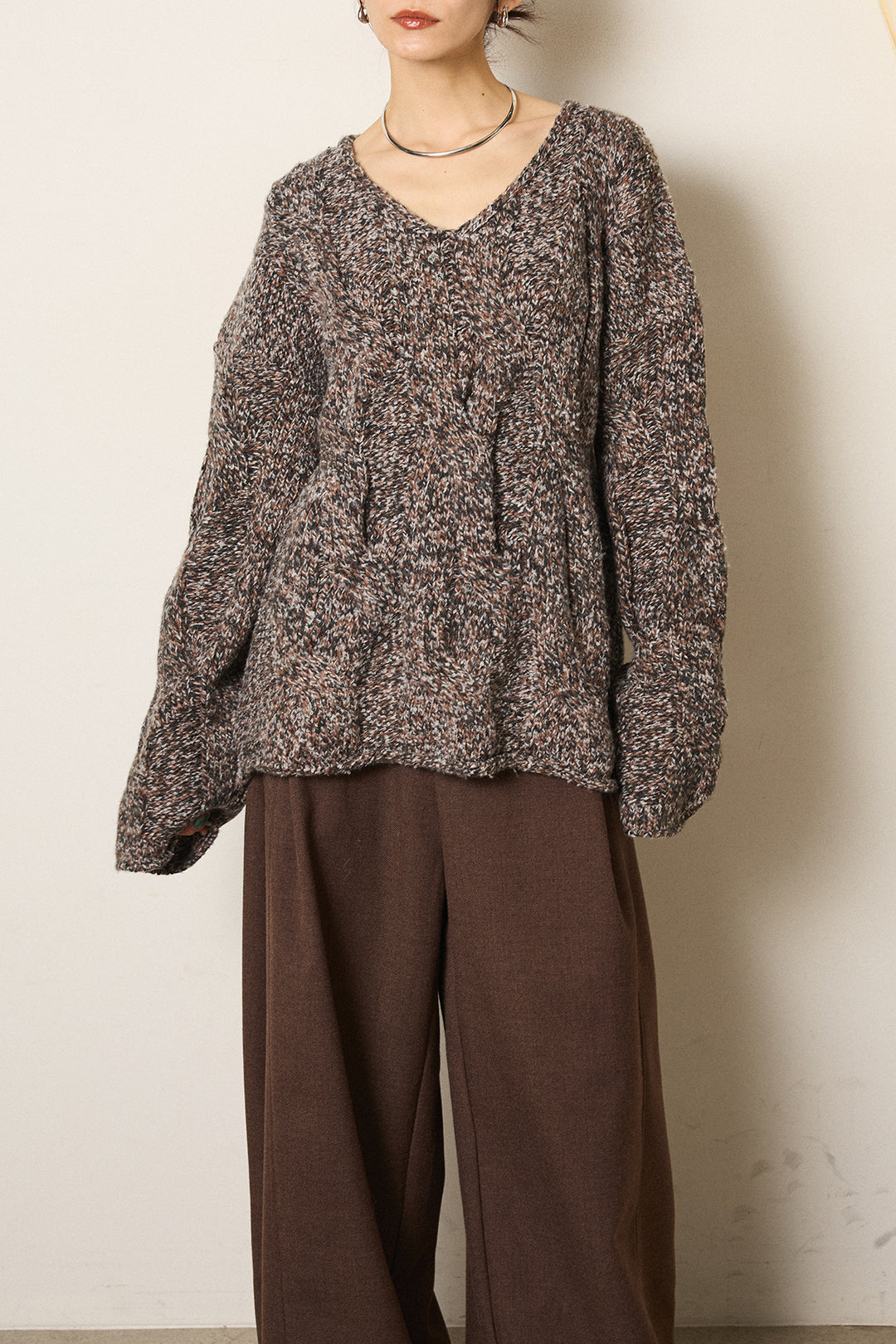 [SET]Vネックミックス編みニットトップス+スウェードライク裾フリンジスカート(2set)