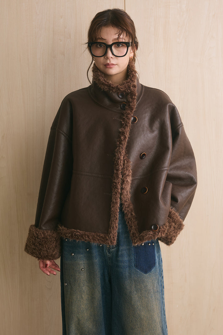 [SET]リバーシブルプードルファースタンドコート+フロントボタンコーデュロイスカート(2set)