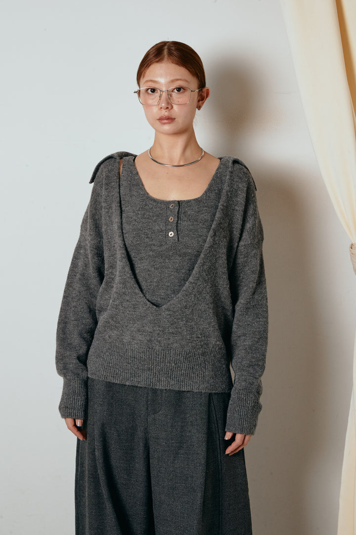 [SET]襟付きレイヤードニットトップス+ポーチベルト付きカーブパンツ(2set)