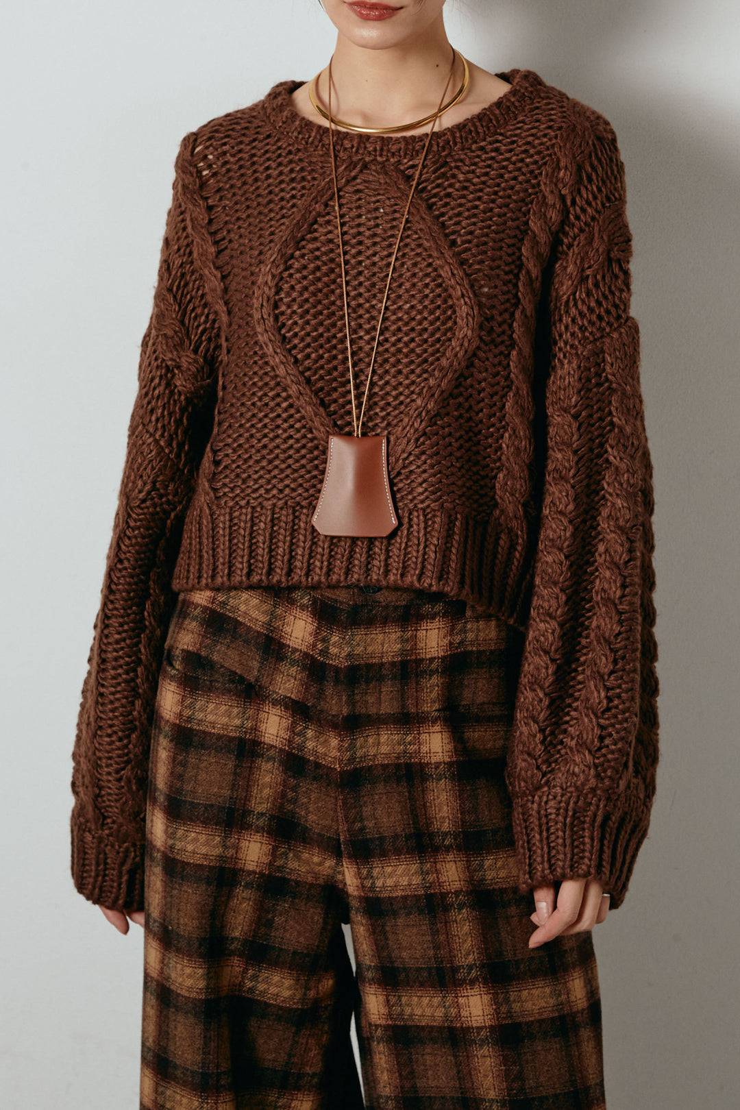 [SET]ロービングケーブルショート丈プルオーバー+ルーズタータンチェックワイドパンツ(2set)