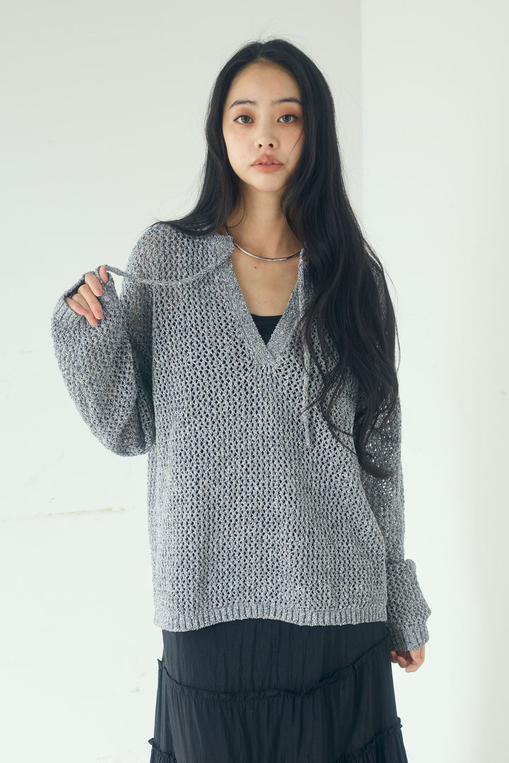 [SET]ミックスメッシュキーネックプルオーバー+ギャザーティアードマキシスカート(2set)