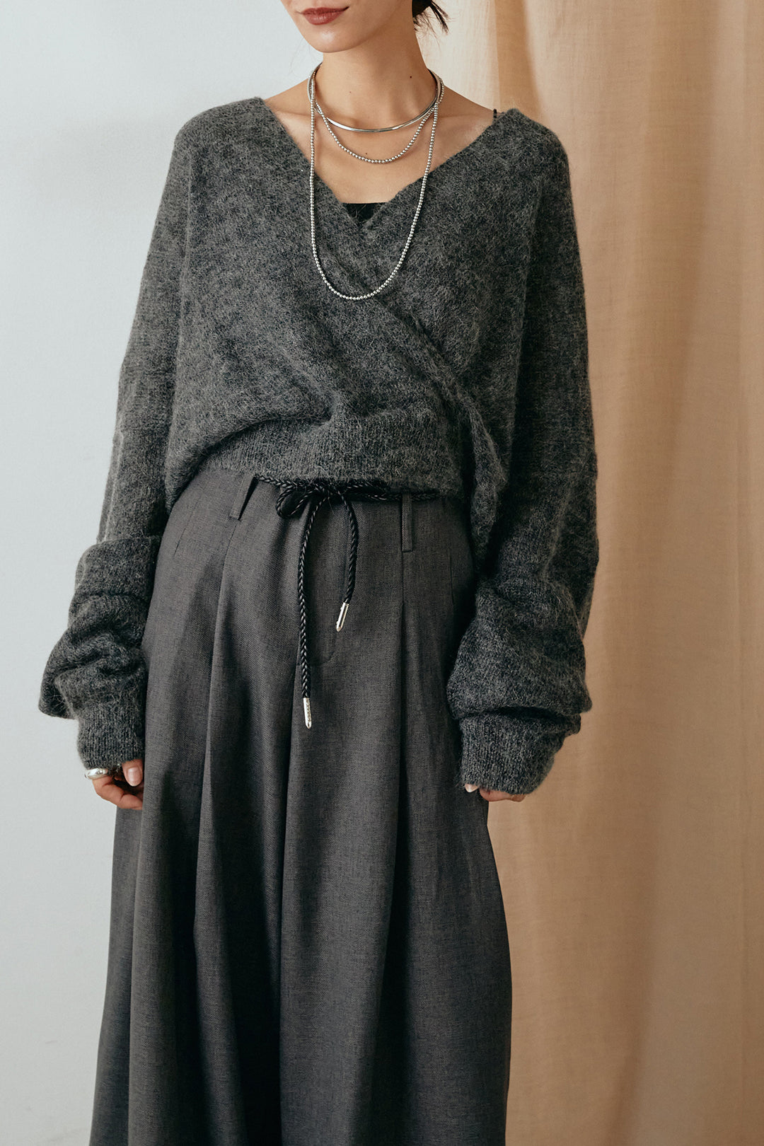 [SET]カシュクールデザインニット+細ベルト付きワイドパンツ(2set)