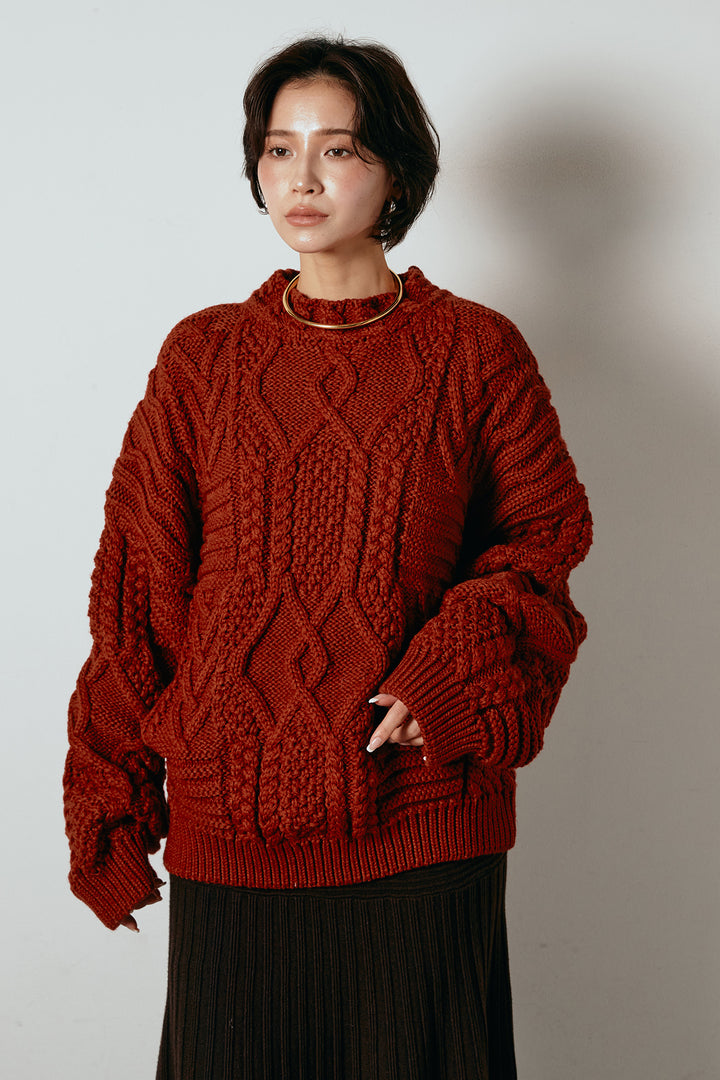 [SET]アラン柄ミックスケーブルニット+サイドボタンツイードタックパンツ(2set)