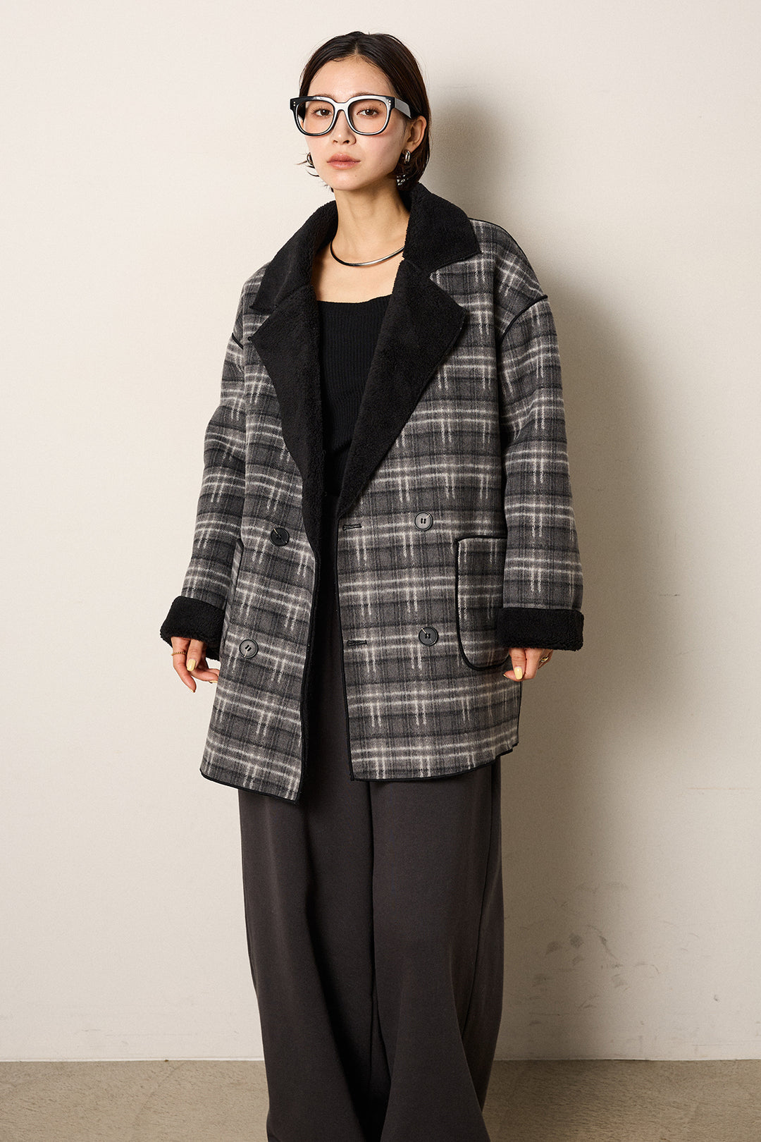 裏地ボアタータンチェック柄ミディアムコート