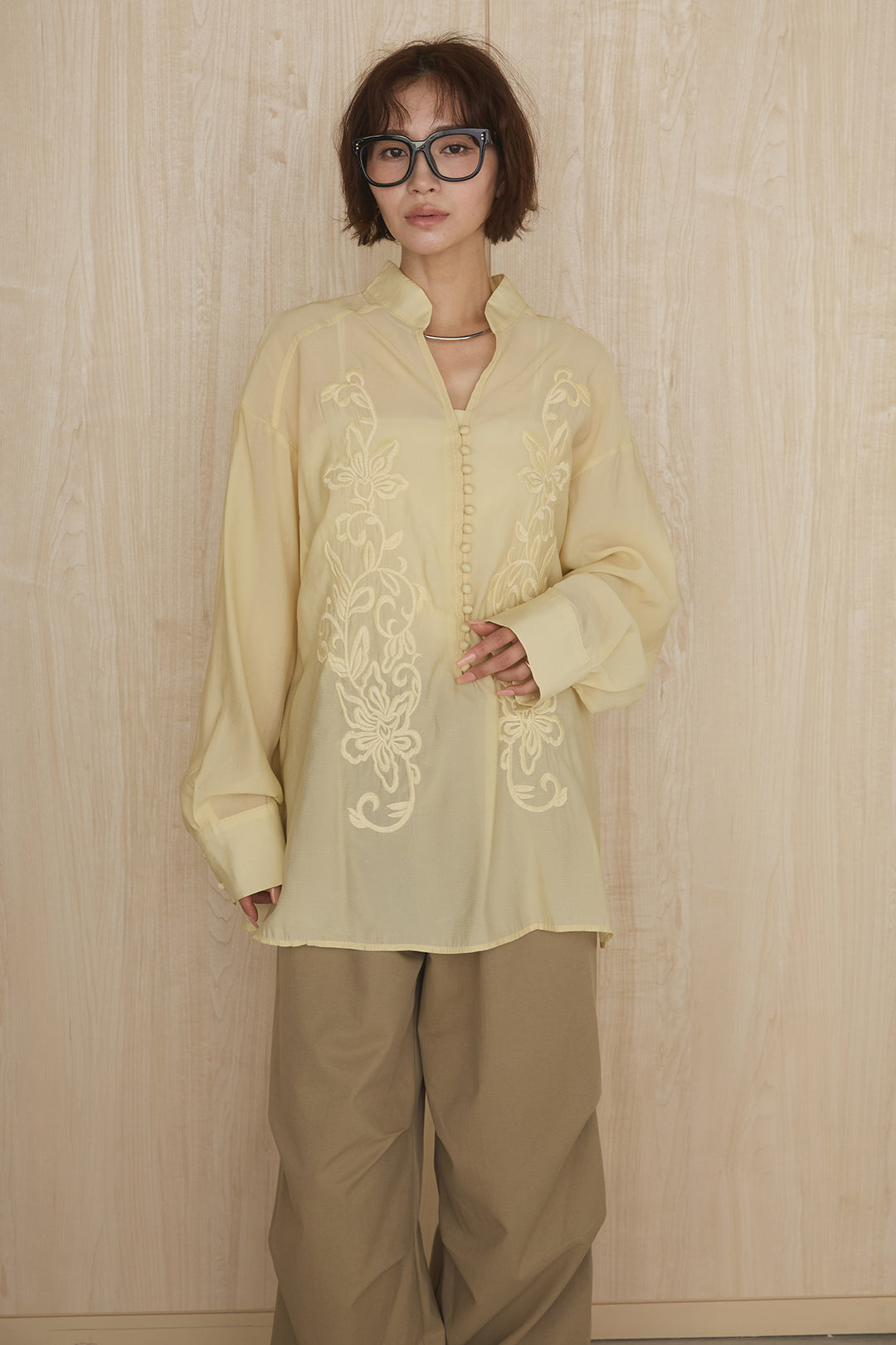 [SET]フロントボタンニュアンス柄ブラウス+ニーサイドタックウエストドロストパンツ(2set)