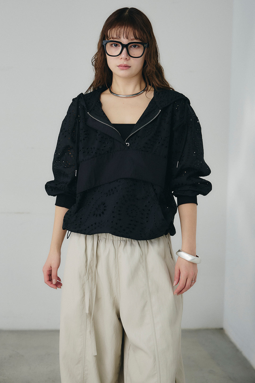 [SET]レースハーフジップアップフーディー+ベルト付きツータックワイドパンツ(2set)