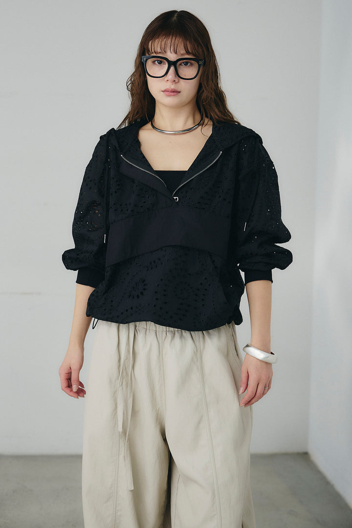 [SET]レースハーフジップアップフーディー+ベルト付きツータックワイドパンツ(2set)