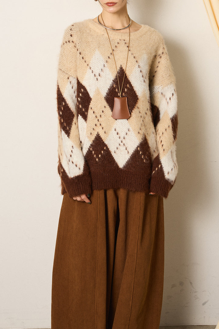 [SET]配色アーガイル柄ニットトップス+ベルト付きコーデュロイワイドパンツ(2set)