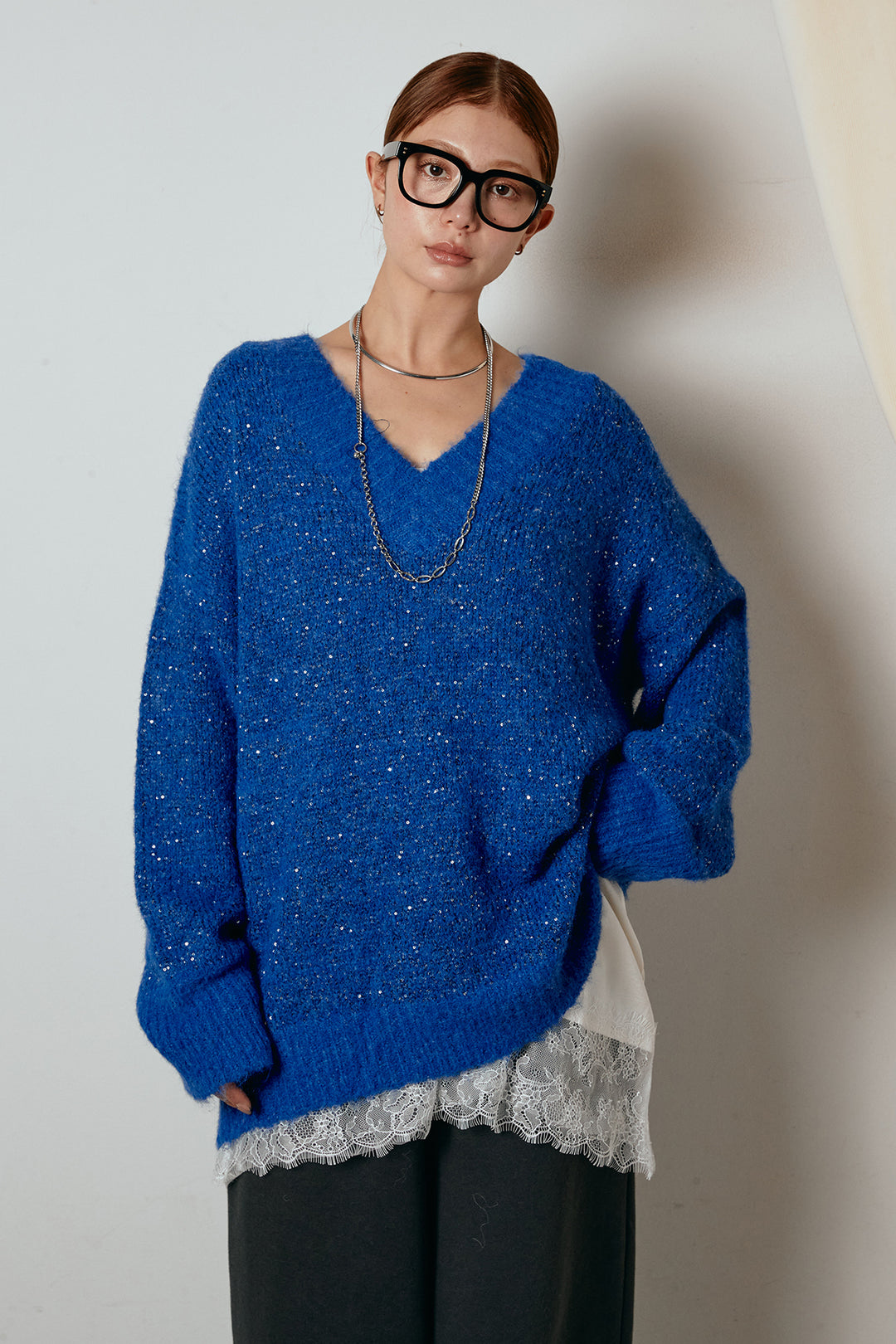 [SET]Vネックルーズラメニットトップス+裏起毛スウェットワイドパンツ+レース切り替えキャミソール(3set)